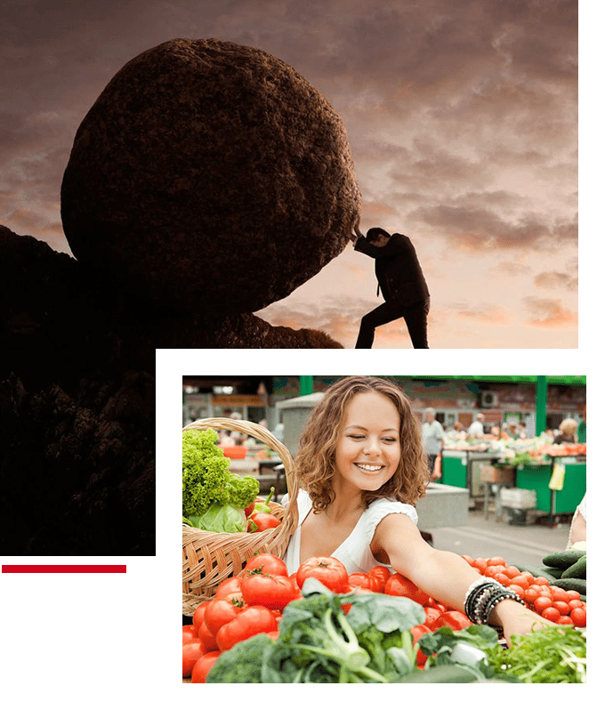 A woman standing in front of vegetables and a man holding an object.
